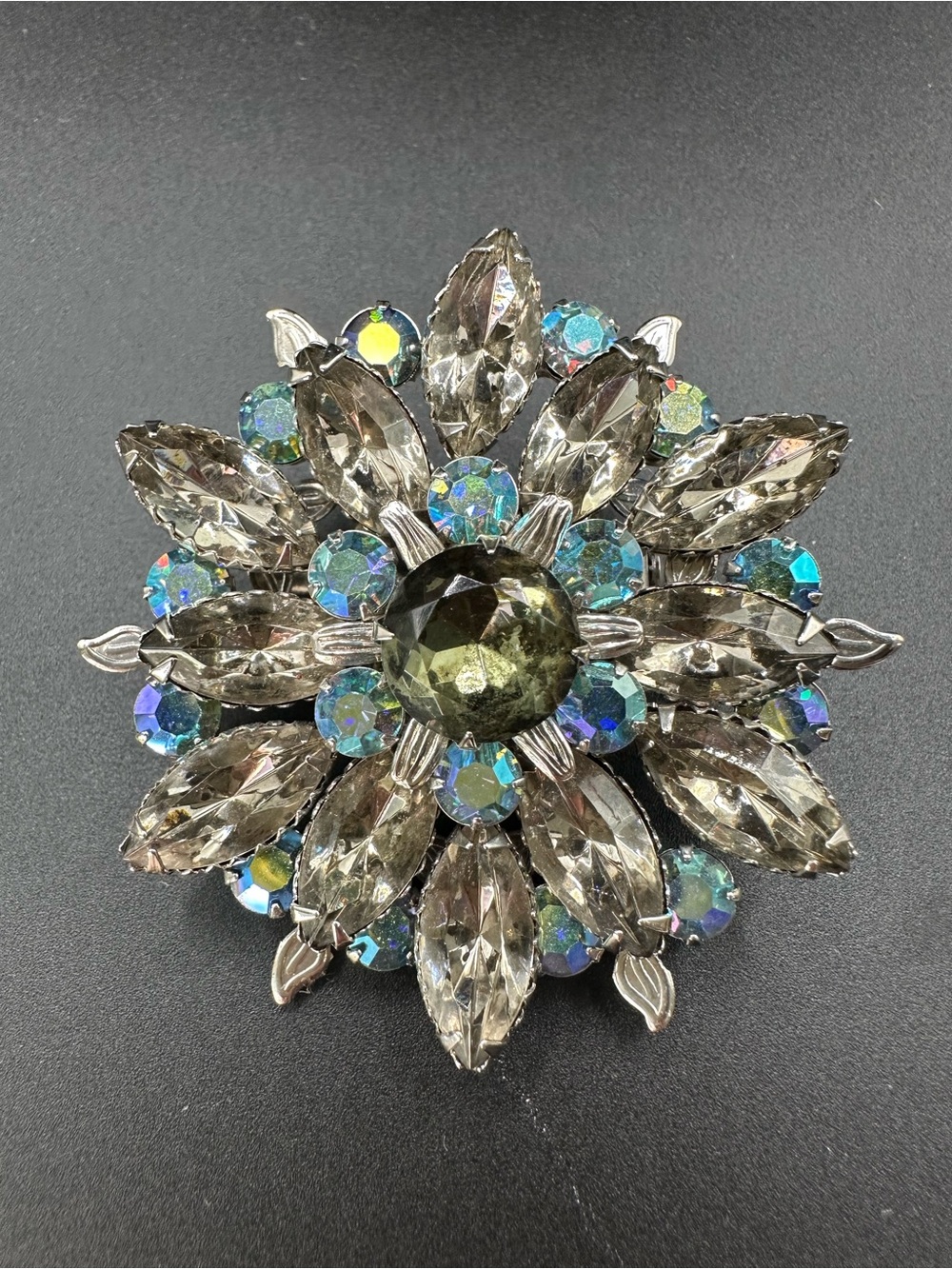 Vintage Unsigned Smoky Gray Navette Rhinestones and Blue Aurora Borealis Brooch